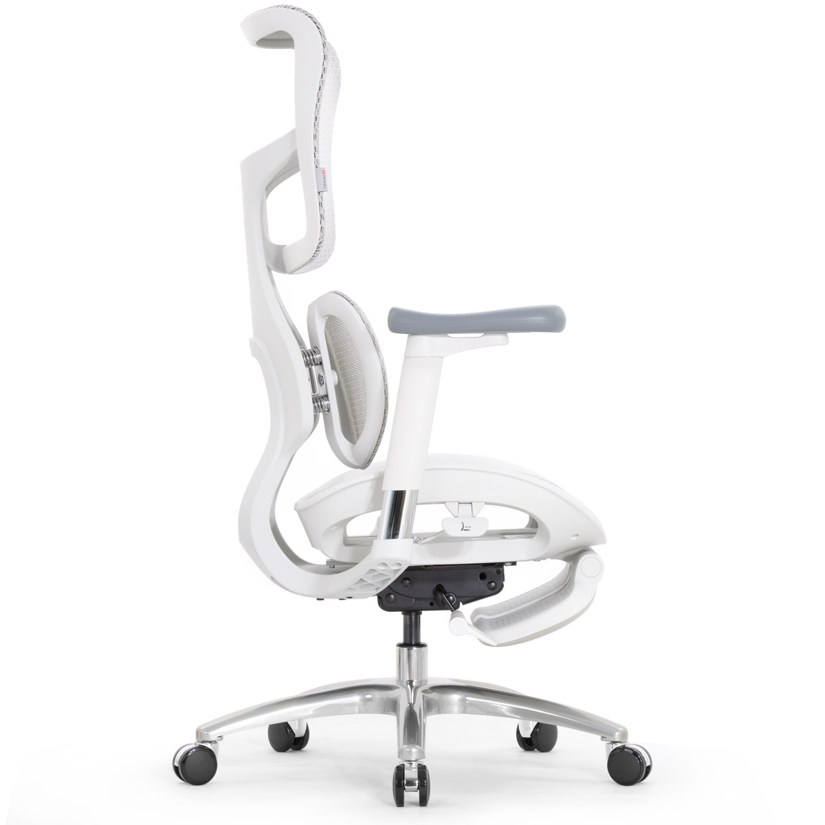 Эргономичное кресло Falto Scala Office с подножкой (разделённый поясничный упор, сетка, каркас белый, серый)